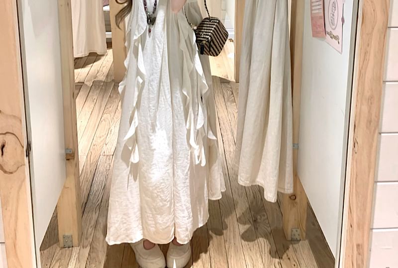 Sleeveless A-Line Asymmetrical Trim Ruffle Plain Dress Midi