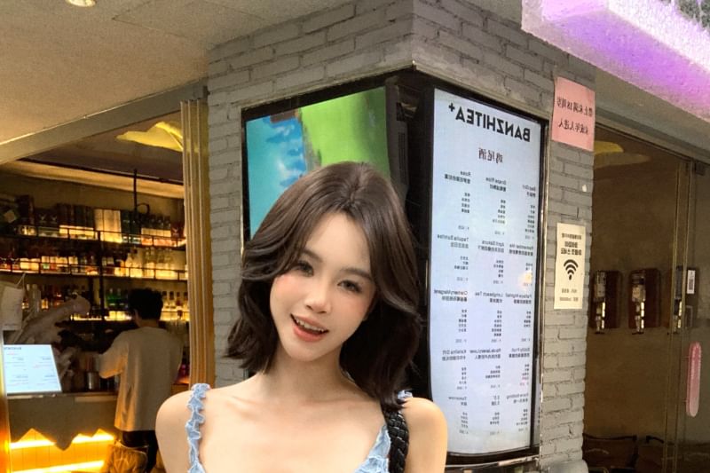 Ruffle Trim Spaghetti Dress Mini Bodycon Strap Bow Plain