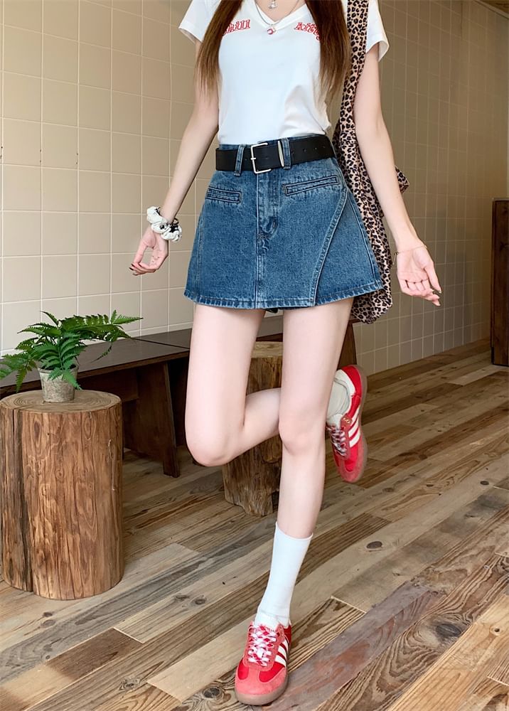 Denim Asymmetrical Set: Belt High Skort Waist +