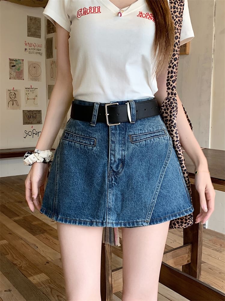 Denim Asymmetrical Set: Belt High Skort Waist +