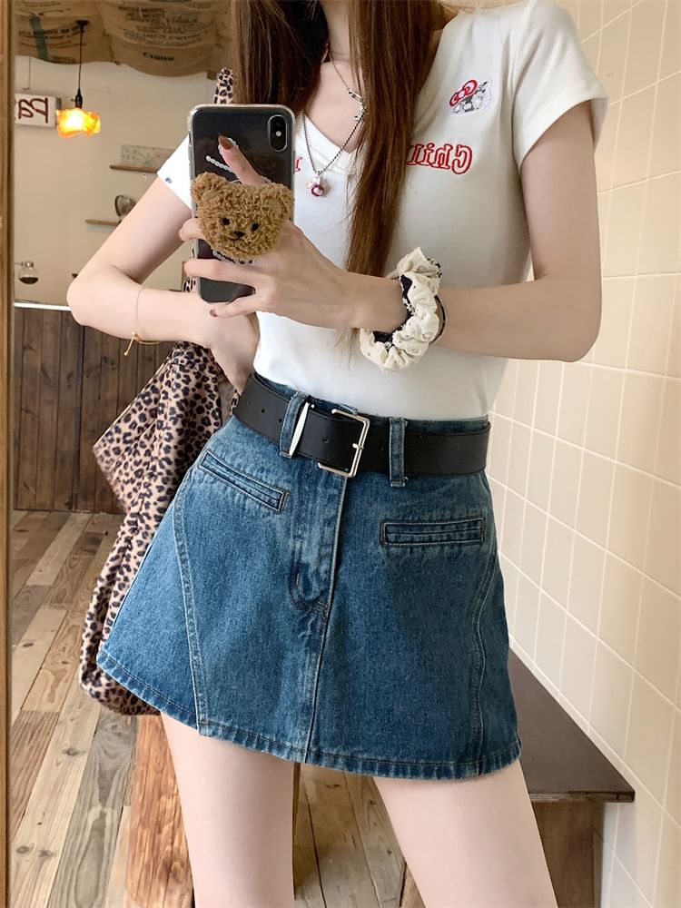 Denim Asymmetrical Set: Belt High Skort Waist +