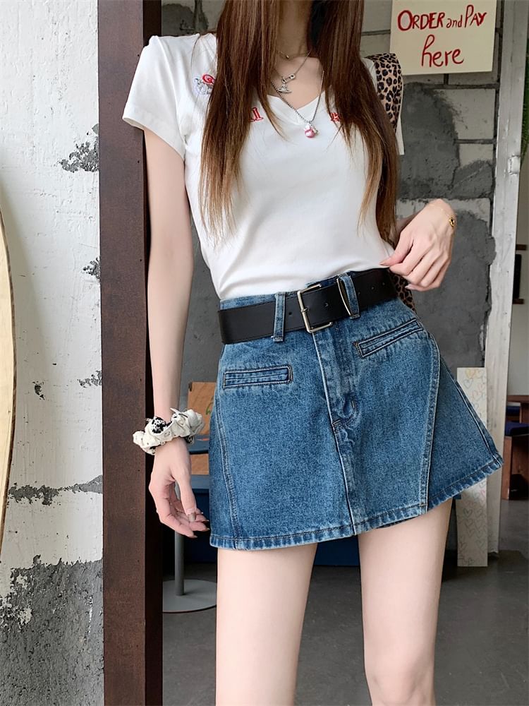 Denim Asymmetrical Set: Belt High Skort Waist +