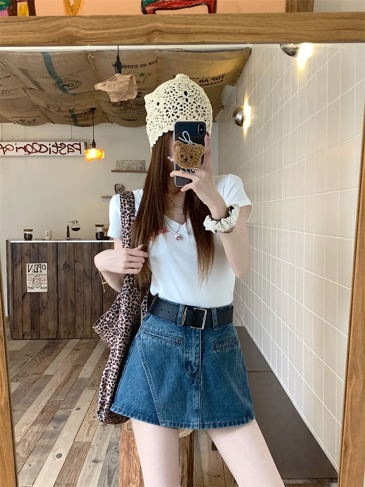 Denim Asymmetrical Set: Belt High Skort Waist +