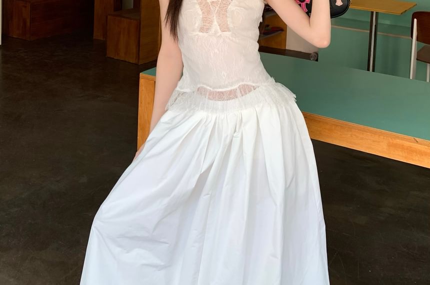 Maxi / Rise Slim Plain A-Line High Tank Fit Top Skirt Lace Panel