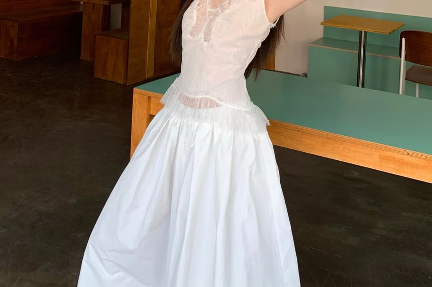 Maxi / Rise Slim Plain A-Line High Tank Fit Top Skirt Lace Panel