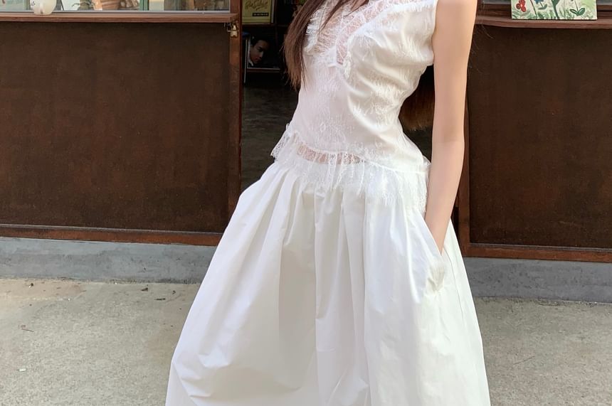 Maxi / Rise Slim Plain A-Line High Tank Fit Top Skirt Lace Panel