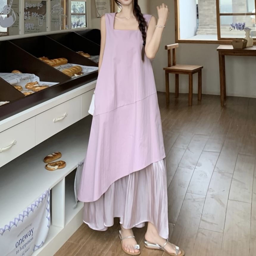 Asymmetrical Paneled Neck Midi Square Dress Sleeveless A-Line