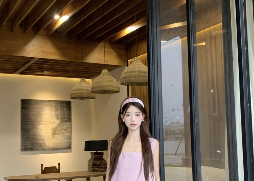 Asymmetrical Paneled Neck Midi Square Dress Sleeveless A-Line