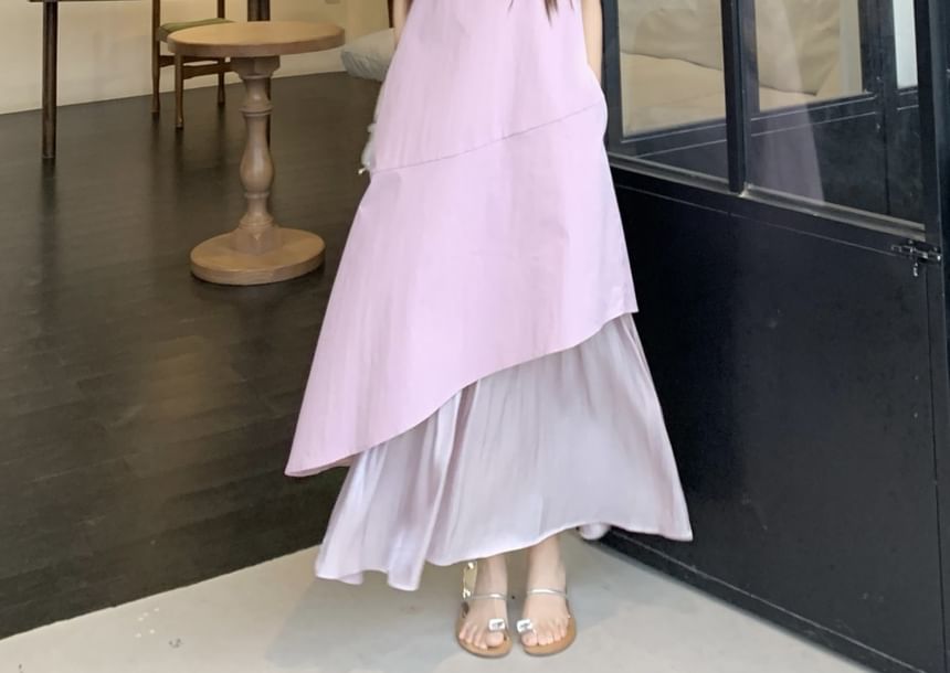 Asymmetrical Paneled Neck Midi Square Dress Sleeveless A-Line