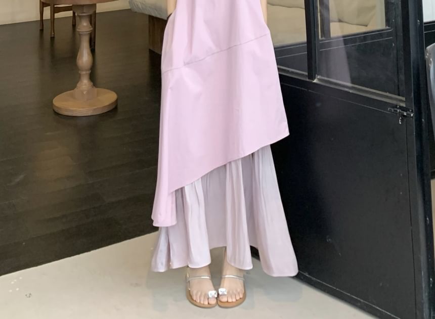 Asymmetrical Paneled Neck Midi Square Dress Sleeveless A-Line