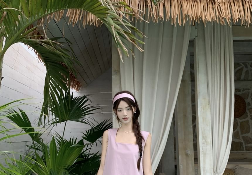 Asymmetrical Paneled Neck Midi Square Dress Sleeveless A-Line