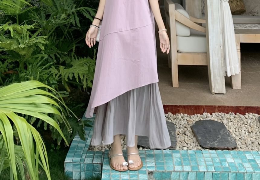 Asymmetrical Paneled Neck Midi Square Dress Sleeveless A-Line