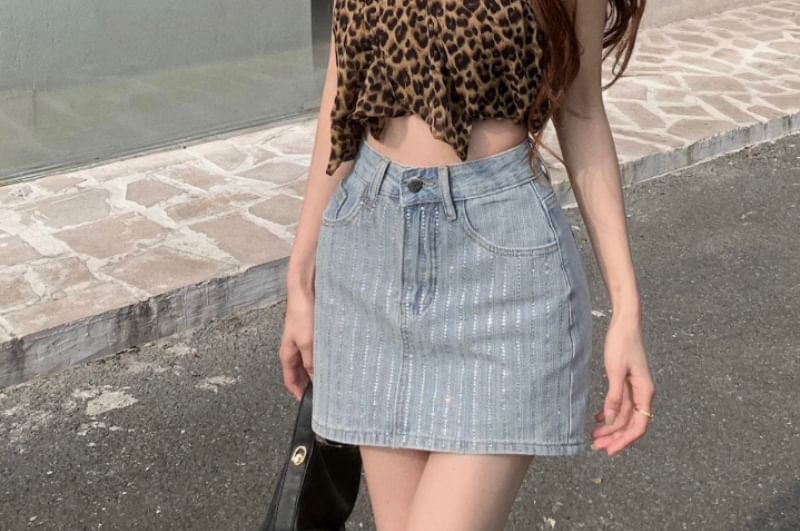 Rhinestone Skirt Pencil Mini Striped High Rise Denim