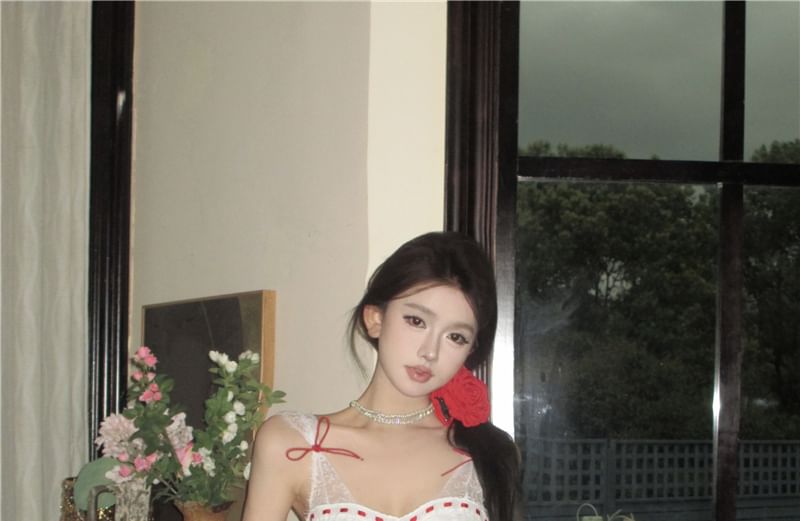 Panel Lace Dress Bow A-Line Mini Corset Tone Two Sleeveless