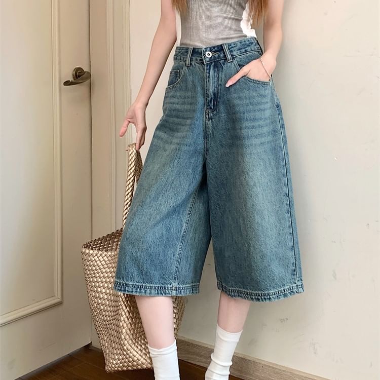 Rise Jeans Washed High Wide Leg Capri