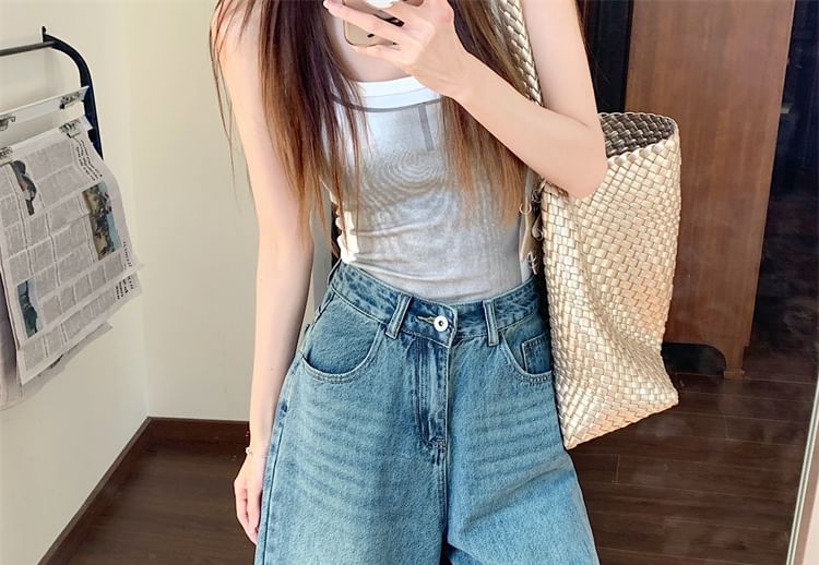 Rise Jeans Washed High Wide Leg Capri