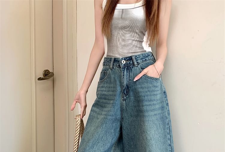 Rise Jeans Washed High Wide Leg Capri