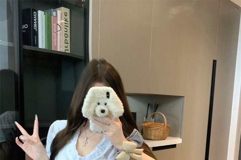 Slim / High Jacquard Skirt Fit Ruffle Mini V-Neck A-Line Rise Short-Sleeve Trim Blouse