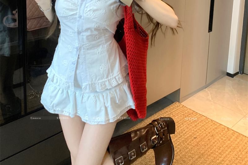 Slim / High Jacquard Skirt Fit Ruffle Mini V-Neck A-Line Rise Short-Sleeve Trim Blouse