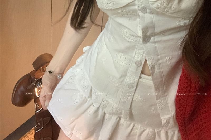 Slim / High Jacquard Skirt Fit Ruffle Mini V-Neck A-Line Rise Short-Sleeve Trim Blouse