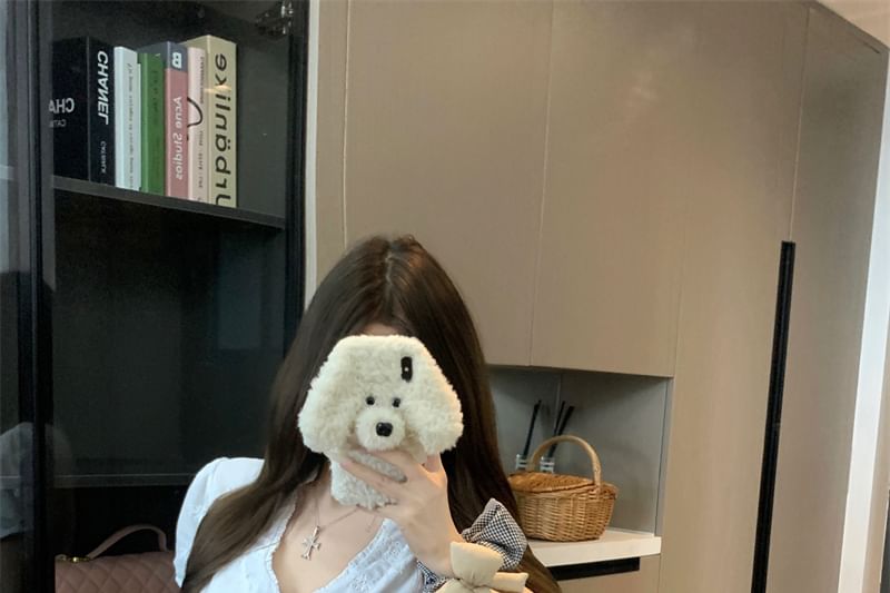 Slim / High Jacquard Skirt Fit Ruffle Mini V-Neck A-Line Rise Short-Sleeve Trim Blouse