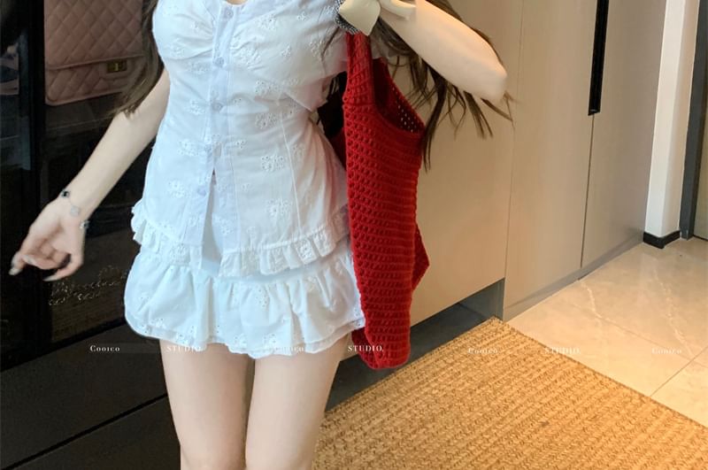 Slim / High Jacquard Skirt Fit Ruffle Mini V-Neck A-Line Rise Short-Sleeve Trim Blouse