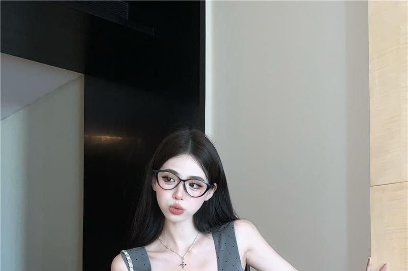 Tank Dotted Shorts Waist / Neck Fit Square Top High Bubble Crop Hem Slim