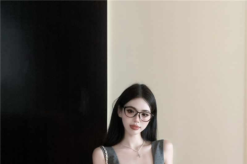 Tank Dotted Shorts Waist / Neck Fit Square Top High Bubble Crop Hem Slim