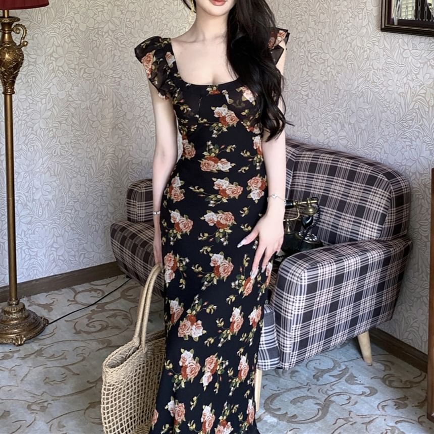 Dress Floral Maxi Sheath Trim Ruffle Scoop Cap-Sleeve Neck