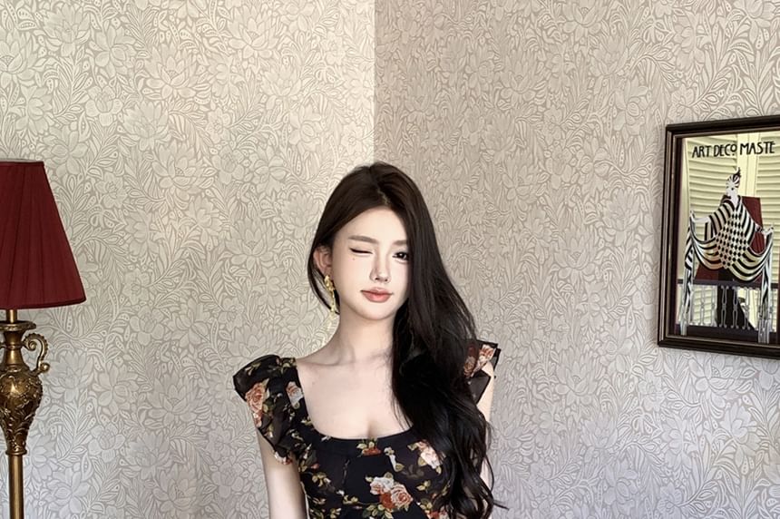 Dress Floral Maxi Sheath Trim Ruffle Scoop Cap-Sleeve Neck