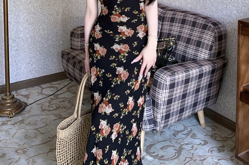 Dress Floral Maxi Sheath Trim Ruffle Scoop Cap-Sleeve Neck