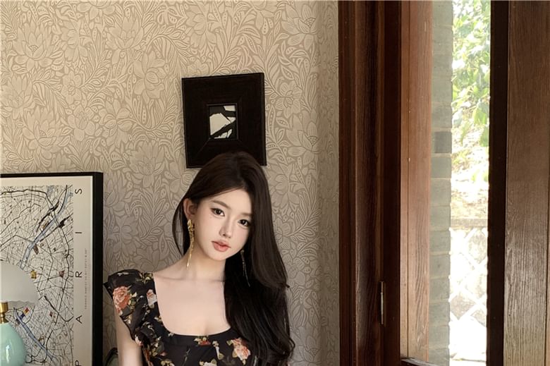 Dress Floral Maxi Sheath Trim Ruffle Scoop Cap-Sleeve Neck