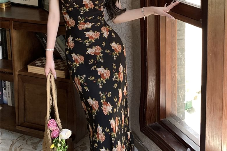 Dress Floral Maxi Sheath Trim Ruffle Scoop Cap-Sleeve Neck