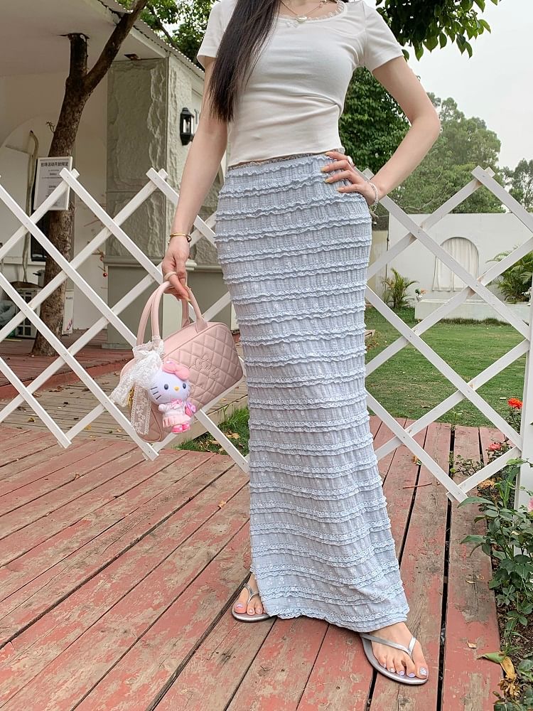 High Pencil Maxi Skirt Floral Rise Tiered