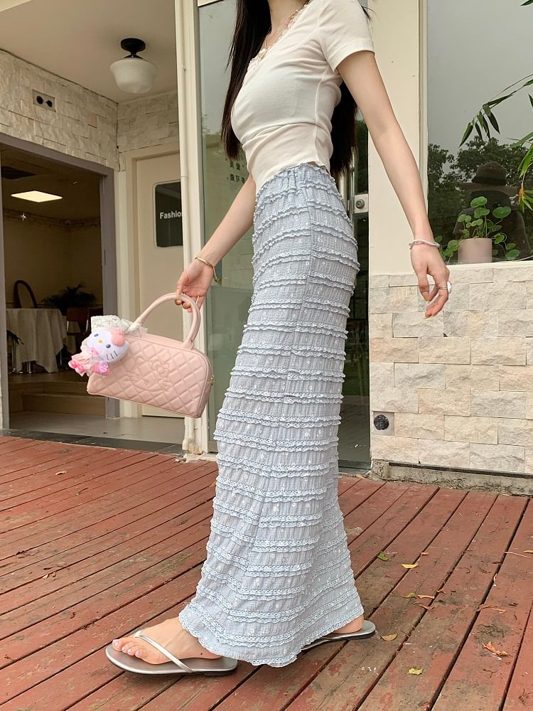 High Pencil Maxi Skirt Floral Rise Tiered