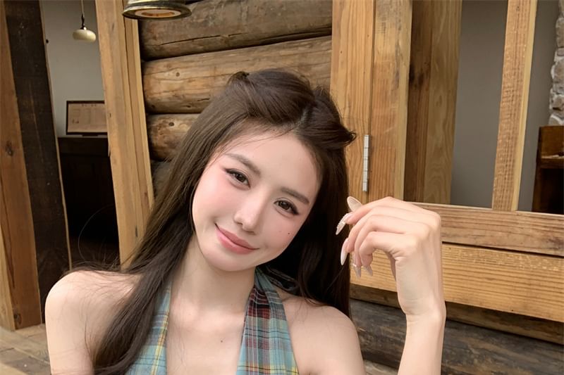 Plaid Tank Waist Halter Plain Bow Top / Culottes Peplum High