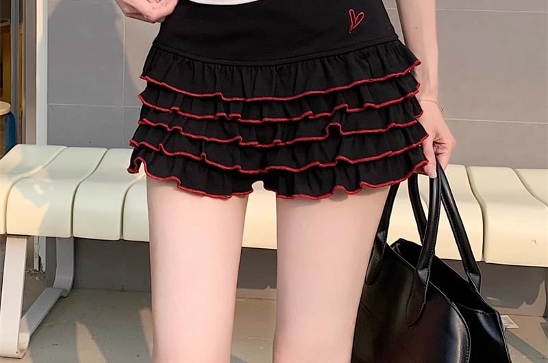 Off-Shoulder Skort Lettering Tee / Cap-Sleeve Tiered High Waist Fit Slim Dotted