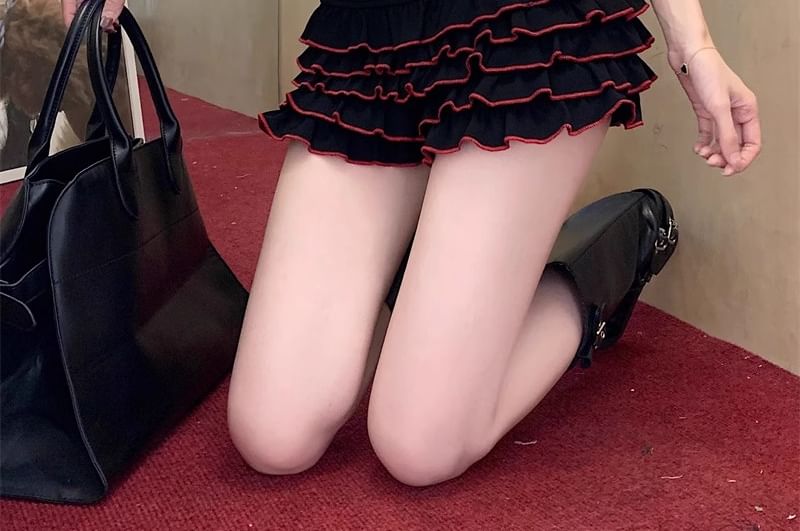 Off-Shoulder Skort Lettering Tee / Cap-Sleeve Tiered High Waist Fit Slim Dotted