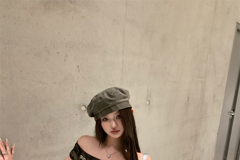 Camo Tee Print Fit Cap-Sleeve Asymmetrical Trim Slim Ruffle Off-Shoulder