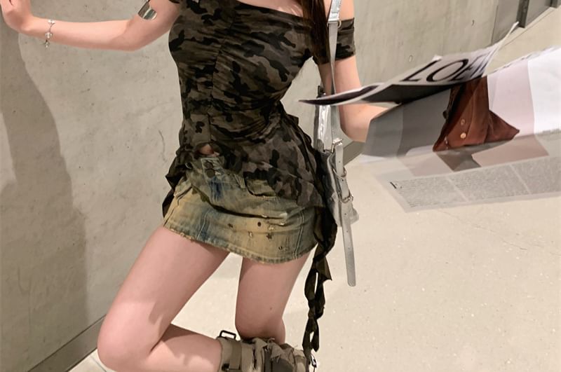 Camo Tee Print Fit Cap-Sleeve Asymmetrical Trim Slim Ruffle Off-Shoulder