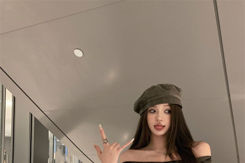 Camo Tee Print Fit Cap-Sleeve Asymmetrical Trim Slim Ruffle Off-Shoulder