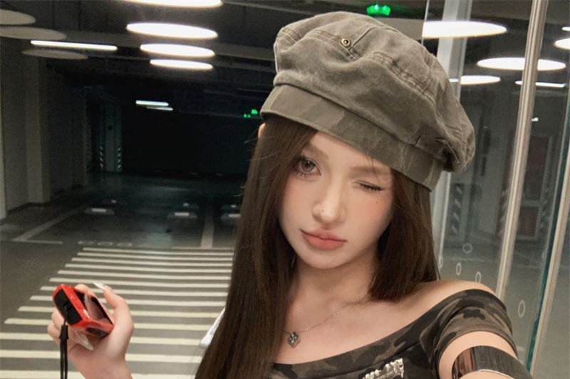 Camo Tee Print Fit Cap-Sleeve Asymmetrical Trim Slim Ruffle Off-Shoulder