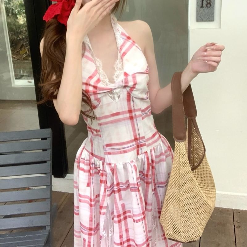 Panel Back Open Midi Dress Plaid Lace A-Line Halter