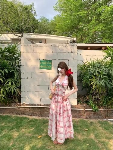 Panel Back Open Midi Dress Plaid Lace A-Line Halter