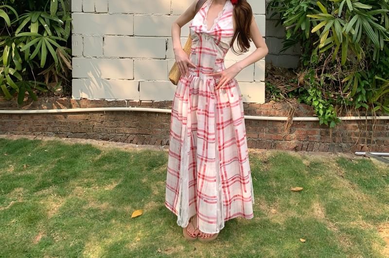 Panel Back Open Midi Dress Plaid Lace A-Line Halter