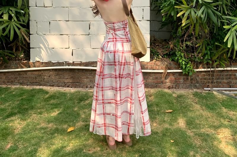 Panel Back Open Midi Dress Plaid Lace A-Line Halter