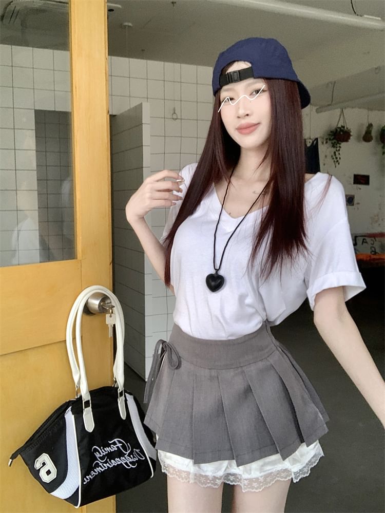 Waist Panel Lace A-Line Skirt Mini Bow Pleated High