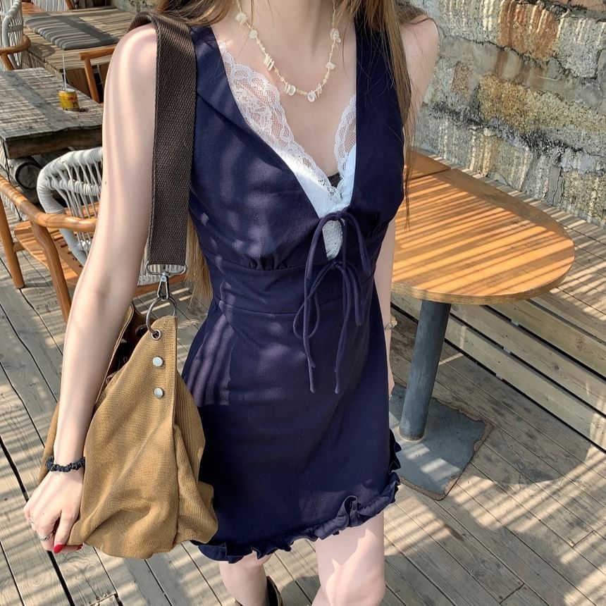 Mini Lace A-Line Bow Panel V-Neck Sleeveless Dress