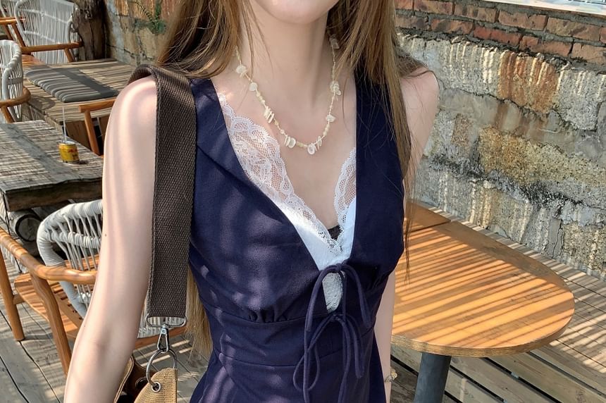 Mini Lace A-Line Bow Panel V-Neck Sleeveless Dress