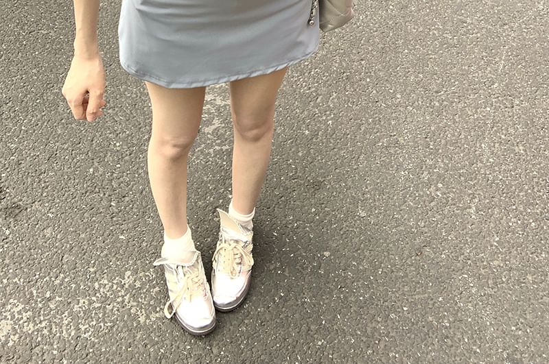 Mini Neck + High Mock Tee Set: Fit Plain Skirt Slim Short-Sleeve Zip A-Line Waist